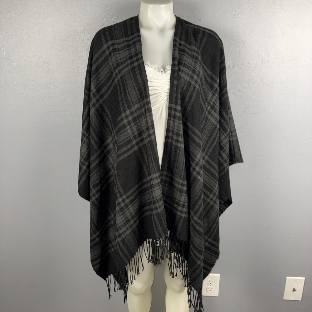 Lauren Ralph Lauren Open-Front Ruana Wrap Poncho Acrylic OS Black Gray Fringe